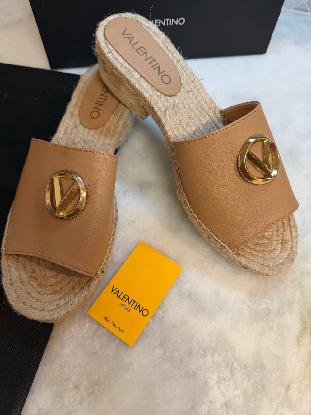 Valentino Women's Tan Leather Espadrille Slide Sandals